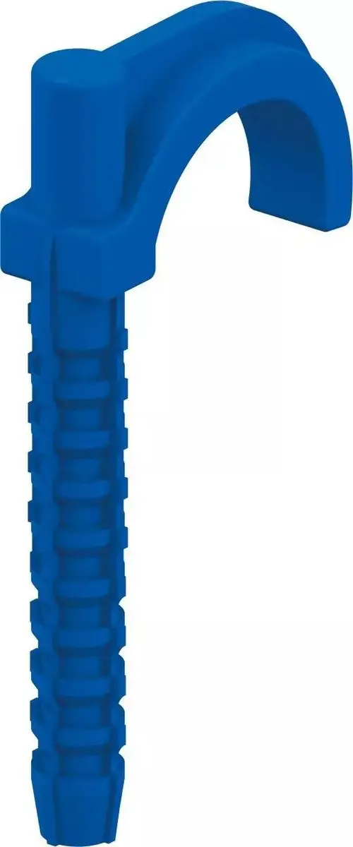 Blauer Dübelhaken mit einem geriffelten Schafts und einem Bogen oben, geeignet für Wandmontagen. Produkt von Uponor.